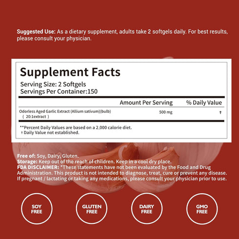 OOMMGGOO 300 Count Immune 2-Year Odorless Aged Garlic Extract Softgel Organic Garlic Supplement,Support Support