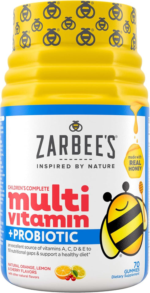 Zarbee's Kid's Complete Daily Multivitamin + Probiotic Gummies, Natural Fruit, 70 Count, Vitamins A B C D E & Zinc for