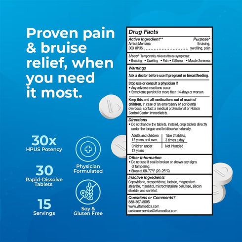Arnica Montana 30X HPUS, Clinical Grade Quick Dissolve Tablets - Five-Day Recovery Pack for Pain Relief, 30 Count