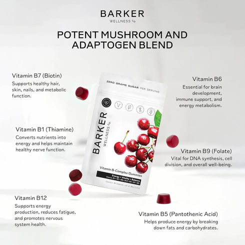 Gummies B1, B5, B6, B7 B9 B12 Barker Wellness Vegan B-Complex Comprehensive Energy & Metabolism Boost with Biotin