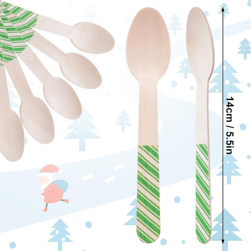 mifengda 120Pcs Christmas Disposable Wooden Spoons Green Stripe Wooden Spoons Striped Tasting Spoons Christmas Candy