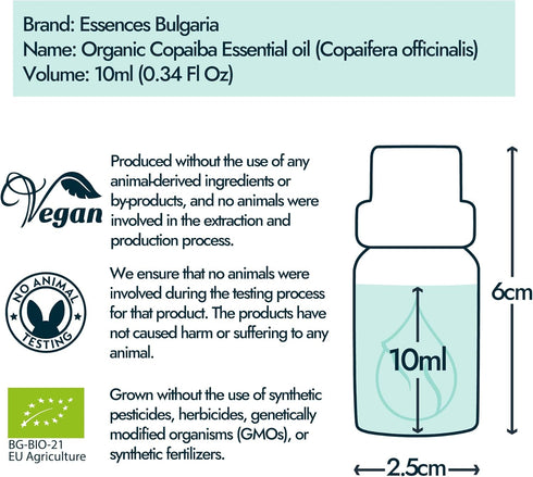 Essences Bulgaria Organic Copaiba Essential Oil 0.34 Fl Oz 10ml - 100% Pure Natural Therapeutic Grade for Diffuser,