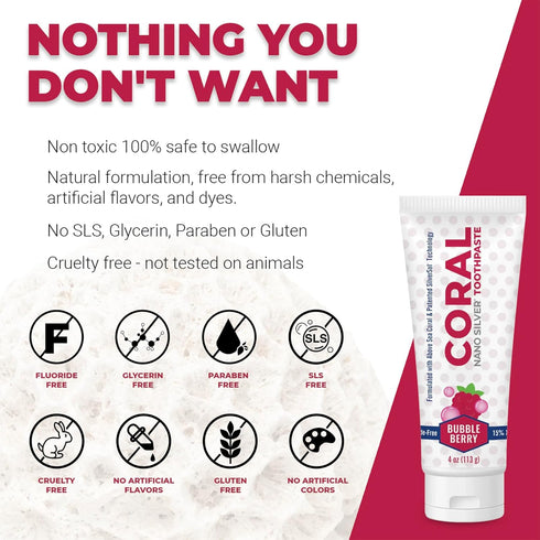 Coral Nano Silver Bubble Berry Kids Toothpaste - Natural Fluoride Free Teeth Whitening Toothpaste, 4 Ounces