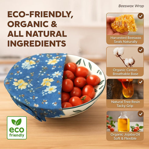 Reusable Beeswax Food Wraps 9-Pack, Organic Eco-Friendly Sustainable Plastic-Free for Sandwiches, Bread, Produce &