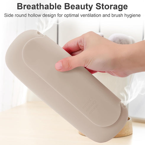 Travel Makeup Brush Holder, Upgrade Khaki Silicone Cosmetic Face Brushes Case, Magnetic Anti-fall Out Makeup Tools