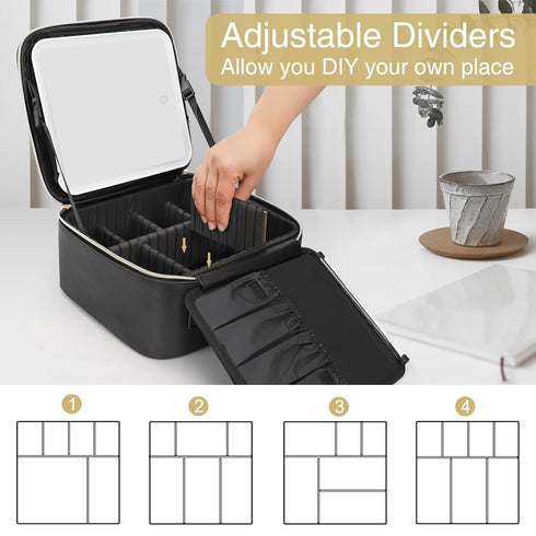 Relavel Travel Makeup Bag with LED Mirror, Cosmetic Train Case, Portable Makeup Artist Organizer with Adjustable
