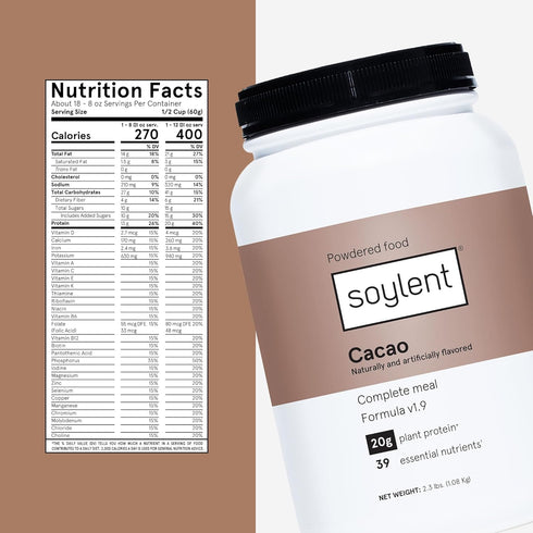 Soylent Complete Nutrition Meal Replacement Protein Powder, Cacao - Plant Based Vegan, 39 Essential Nutrients, 36.8oz