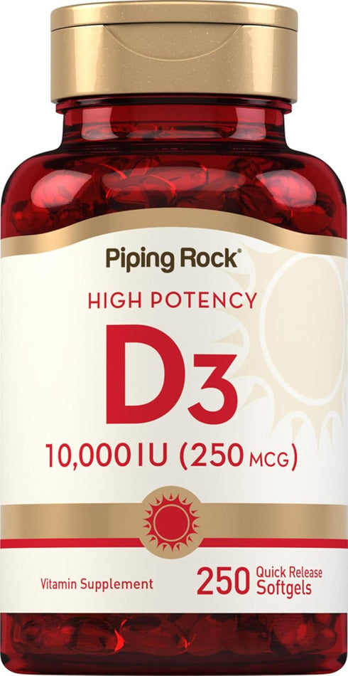 Piping Rock Vitamin D3 10000 IU | 250 Softgels | High Potency, Non-GMO, Gluten Free Supplement