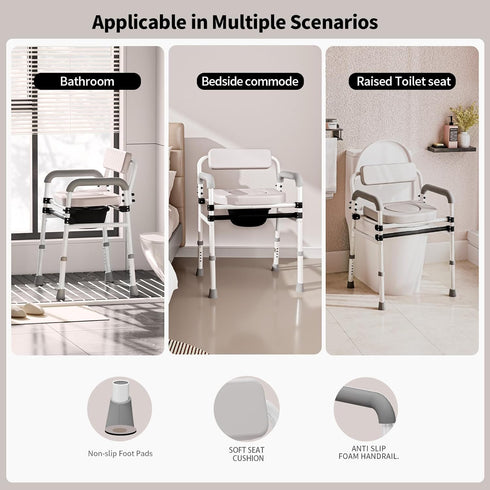 SeatYuPro Commode Adjustable Medical Bedside Chair with Padded Backrest, Drop Arm Support, Height Adjustable White