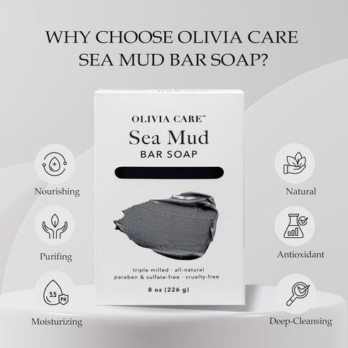 Olivia Care Sea Mud Bar Soap - 100% Natural, Vegan & Organic for Face & Body, 8 OZ