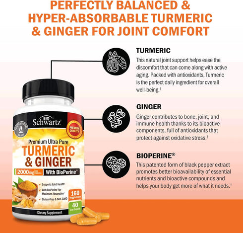 Turmeric Curcumin and Ginger 2000mg - 160 Capsules for Joint & Immune Support, Gluten-Free, Non-GMO