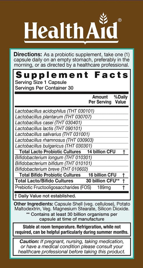 AdultsProbio 30ct, 30 Billion, 10 Strains, Once Daily, Vegan, Dairy & Gluten Free, Acid & Bile Resistant