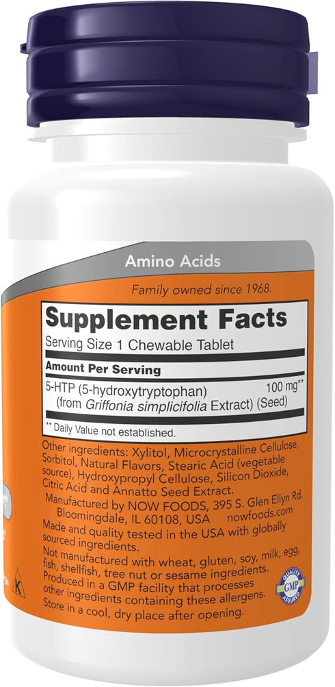 NOW Supplements, 5-HTP (5-hydroxytryptophan) 100 mg, Neurotransmitter Support*, 90 Chewables