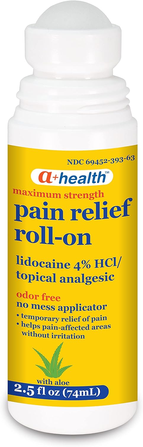 Pain Relief Roll-On Liquid, Maximum Strength 4% Lidocaine, Odor Free with Aloe, 2.5 fl Ounces, Made in USA