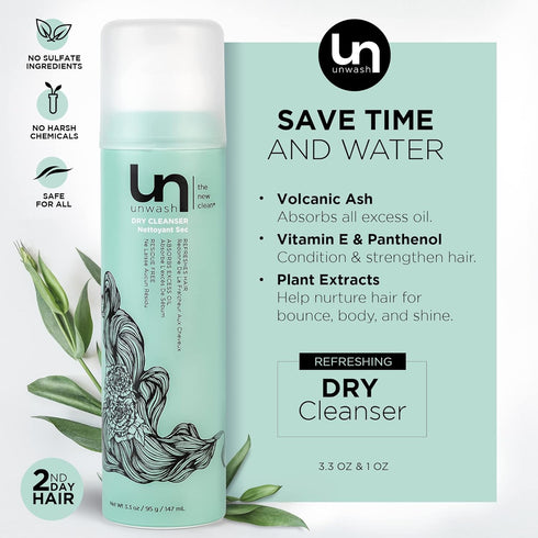 unwash Dry Cleanser - Dry Shampoo for All Hair Types, 3.3 oz, Refresh Hair & Absorb Excess Oil