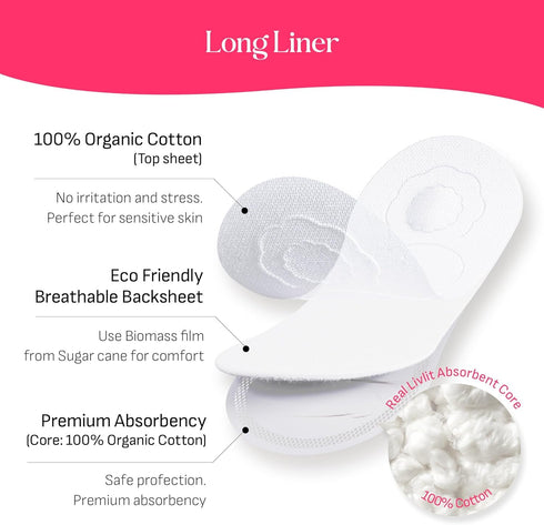 Livlit Ultra Thin Panty Liners, 100% Certified Organic Cotton, Light Absorbency, Chlorine Free, Unscented, 40 Count