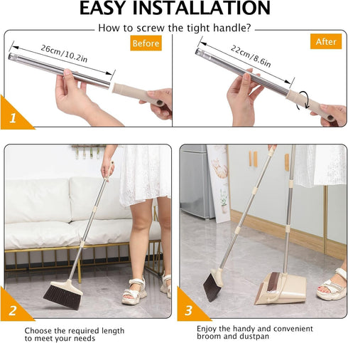 Set 1-Pack Broom and Dustpan with Long Handle, Light Weight Stainless Steel Poles Stand Upright Dustpans with Broom