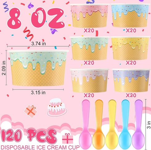 Jingmore 120 Set 8 oz Summer Paper Ice Cream Cups Bulk with Spoons Disposable Sundae Bowls Colorful Paper Dessert Cups