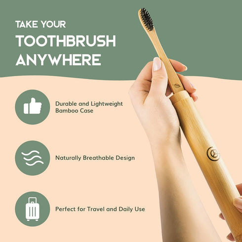 Set 4 Pack Greenzla Bamboo Toothbrushes, Wooden Toothbrush with Soft Bristles, Includes Travel Case and Charcoal Dental