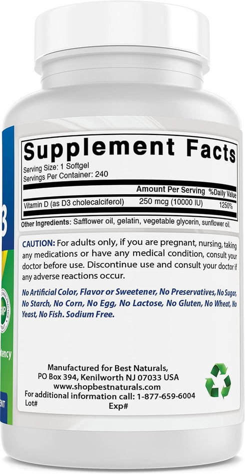 Best Naturals Vitamin D3 10,000 IU Softgel - 240 Count
