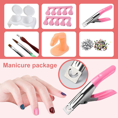 Nail Kit Set Professional Acrylic - 12 Glitter Acrylic Powder Kit with Nail Art Tips, Decoration, DIY Tools for