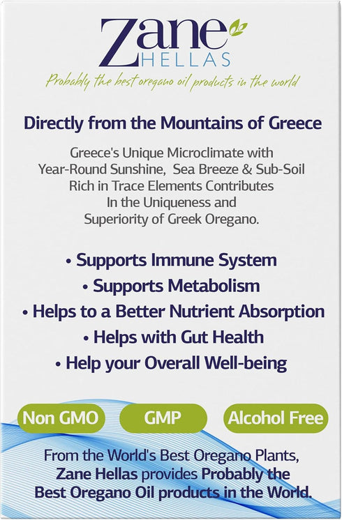 Zane Hellas Oregano Oil Softgels, Extra Strength, 20% Greek Essential Oil of Oregano, 60 Softgels