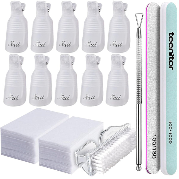 Teenitor Gel Nail Remover Kit with 10pcs Gel Clip Remover, Nail Files, Buffer Block, Cuticle Peeler, Cotton Pads