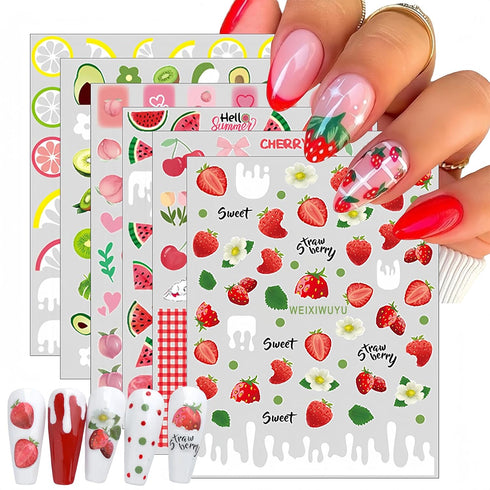 6 Sheets Fruit Nails Stickers, Summer Nails Art Stickers, 3D Self Adhesive Colorful Fruit Nail Decals for Women