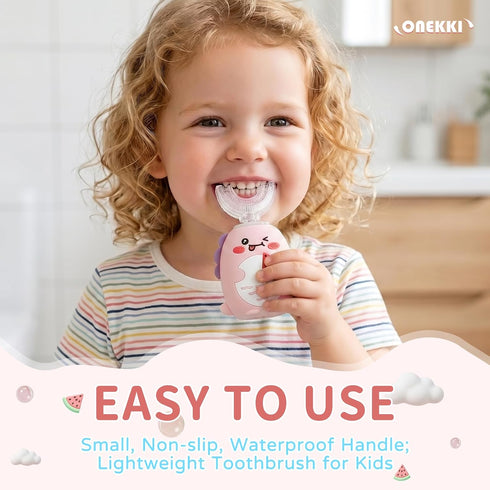 Onekki 4 2 3 IPX7 2-12 Kids Electric Toothbrush U Shaped with Brush Heads, Rechargeable Toddler Toothbrush with Mins