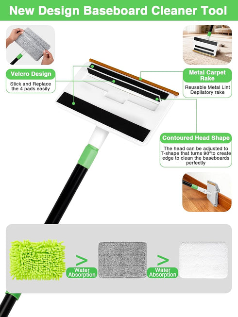 Nicecastle 4-in-1 5 1 Baseboard Cleaning Tool with Handle Reusable Pads Stiff Bristle Brush Carpet Rake for Pet Hair