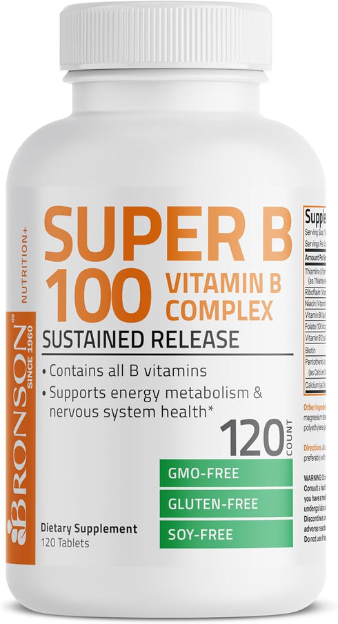 Bronson Vitamin B 100 Complex, 120 Tablets, High Potency Sustained Release (Vitamin B1, B2, B3, B6, B9, B12)