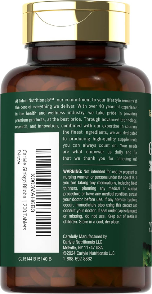 Carlyle Ginkgo Biloba | 3000mg Per Serving | 200 Tablets | Extra Strength, Vegetarian, Non-GMO & Gluten Free