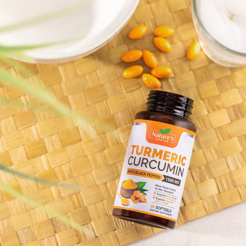Turmeric Curcumin Supplement 1500mg with Curcuminoids, Black Pepper for Advanced Absorption, 60 Softgels
