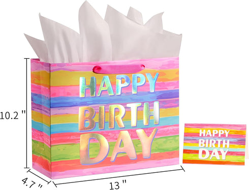 13" Large Birthday Gift Bag with Tissue Paper and Greeting Card, Colorful Gift Bag for Kids, Women, Mom
