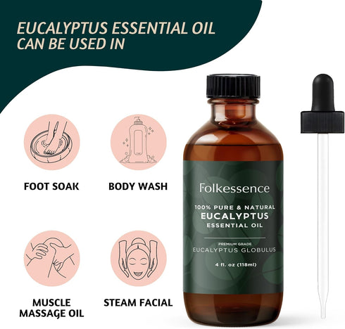 Folkulture Eucalyptus Essential Oil 4 Fl Oz - 100% Pure, Natural and Undiluted with Glass Dropper