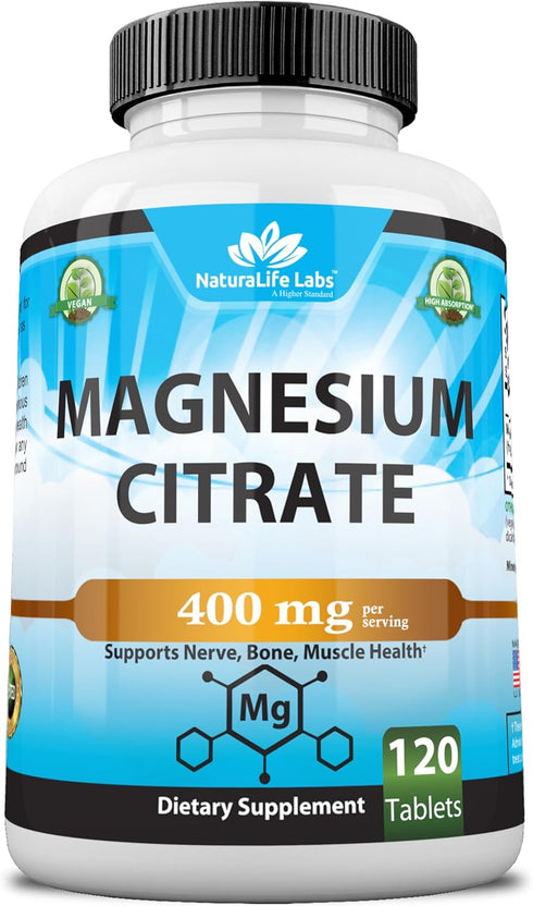 Magnesium Citrate 400 mg - Essential Mineral for Heart, Muscle, & Digestion Support - Non-GMO - 120 Tablets High Potency