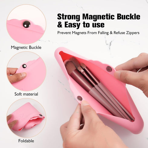 Silicone Makeup Brush Holder Bags, Cosmetic Case with Magnetic-Metal-Buttons for Travel Storage