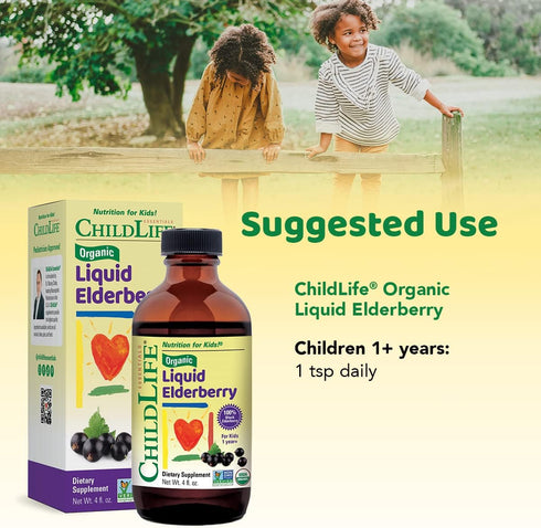 CHILDLIFE Essentials Organic Liquid Elderberry - Elderberry Syrup for Kids Immune Support, Non-GMO, USDA Organic, Black Elderberry for Kids 1 Year and Up - Natural Elderberry Flavor, 4 Fl Oz Bottle
