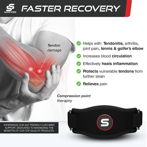 Sleeve Stars Elbow Brace for Men & Women, Tendonitis & Golfers Elbow Support with 3 Straps for Pain Relief, Black