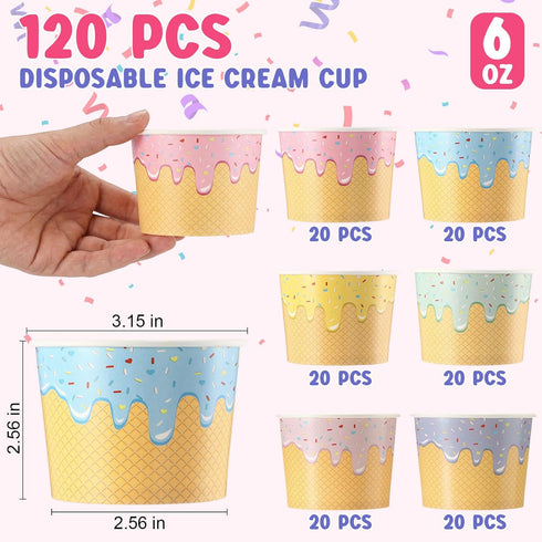 Jingmore 120 4/6/8 oz 6 Frozen Summer (6 oz) Pcs Ice Cream Bowls Paper Ice Cream Cups Containers Bulk Colors Disposable