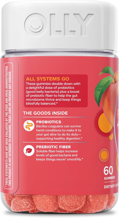 OLLY Probiotic + Prebiotic Gummy, Digestive Support, 500 Million CFUs, Peach, 60 Count, Adult Chewable