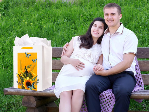 XJF 13" Large Sunflowers Gift Bag - Watercolor Flowers Gift Bag with Tissue Paper Sunflowers Gifts Bags for Birthdays