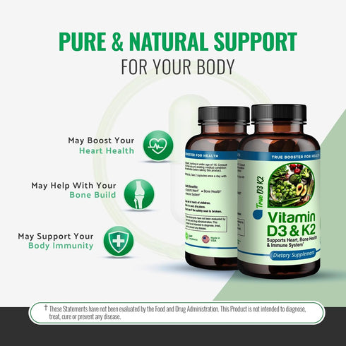 True Booster Vitamin D3 & K2 Capsules, 125mcg D3 & 90mcg K2, Heart, Bone, Immune Support