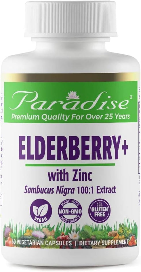 Paradise Herbs Elderberry with Zinc Extract, Supports Natural Defenses, 60 Vegetarian Capsules