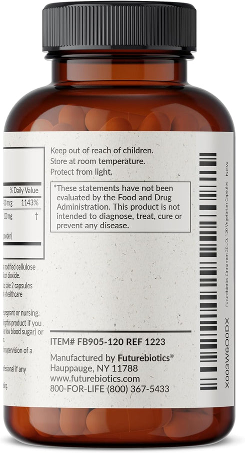 Futurebiotics Cinnamon Plus Chromium Picolinate Supplement, High Potency Chromium, 120 Vegetarian Capsules