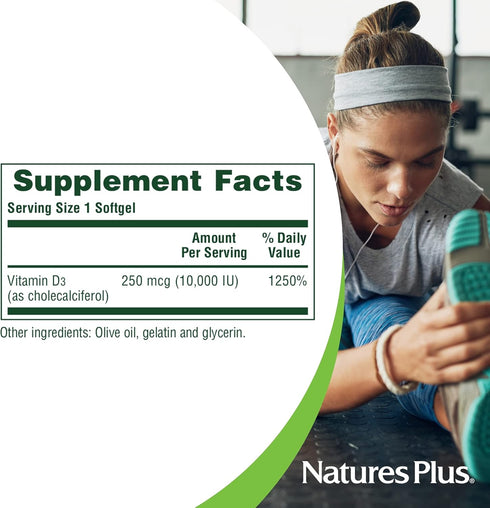 NaturesPlus Vitamin D3 (Cholecalciferol) | 10,000 iu, 60 Softgels | Maximum Potency for Healthy Bones & Teeth