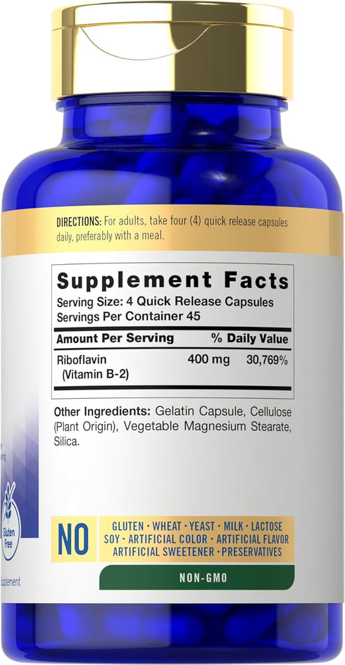 Carlyle Vitamin B-2 400mg | 180 Count | Non-GMO, Gluten Free Supplement | Vitamin B2 Riboflavin