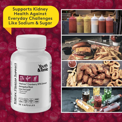 Youth & Tonic Kidney Cleanse & Detox Supplement with Cranberry Extract, Supports Urinary Tract Health, 30 Vegetarian