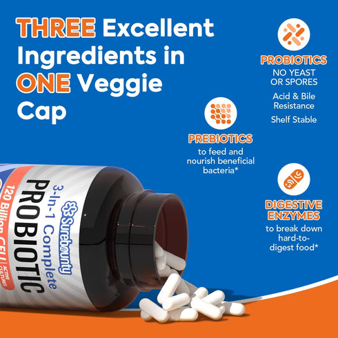 Probiotics 120 Billion CFU - Digestive Support for Men & Women, Prebiotics + Digestive Enzymes, 30 Caps