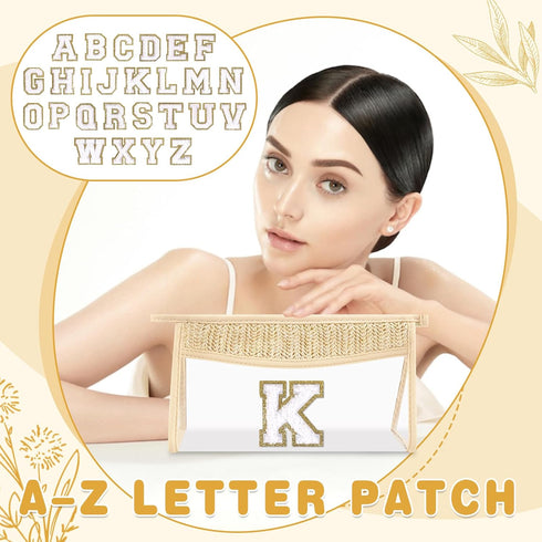 Personalized Initial Letter Bag, Boho Straw Clear Makeup Bag, Small Chenille Varsity Letter Bag for Women, K